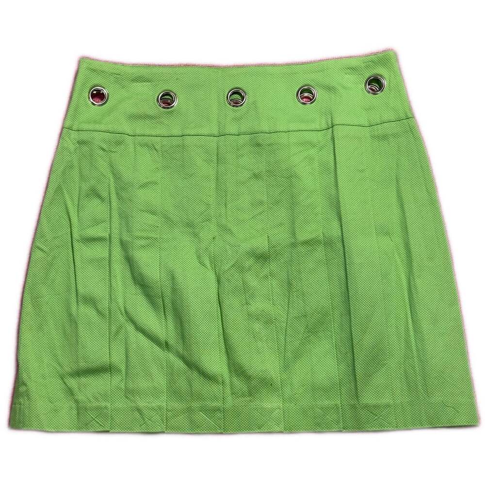 Lime Green Mini Skirt with Grommets - Textured, Pleated